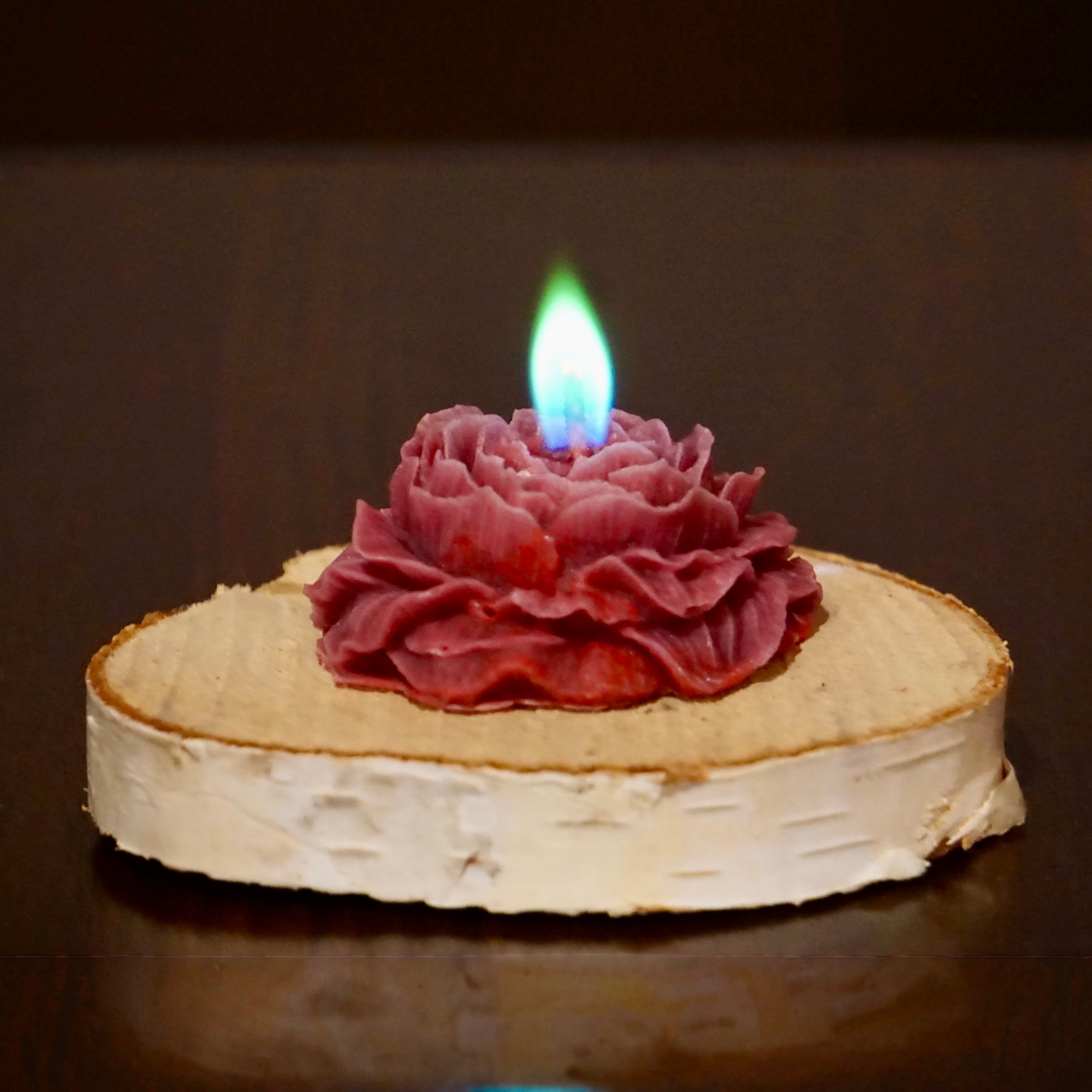 Bordowa roza swieca z niebiesko-zielonym plomieniem na bialym drewnianym plastrze