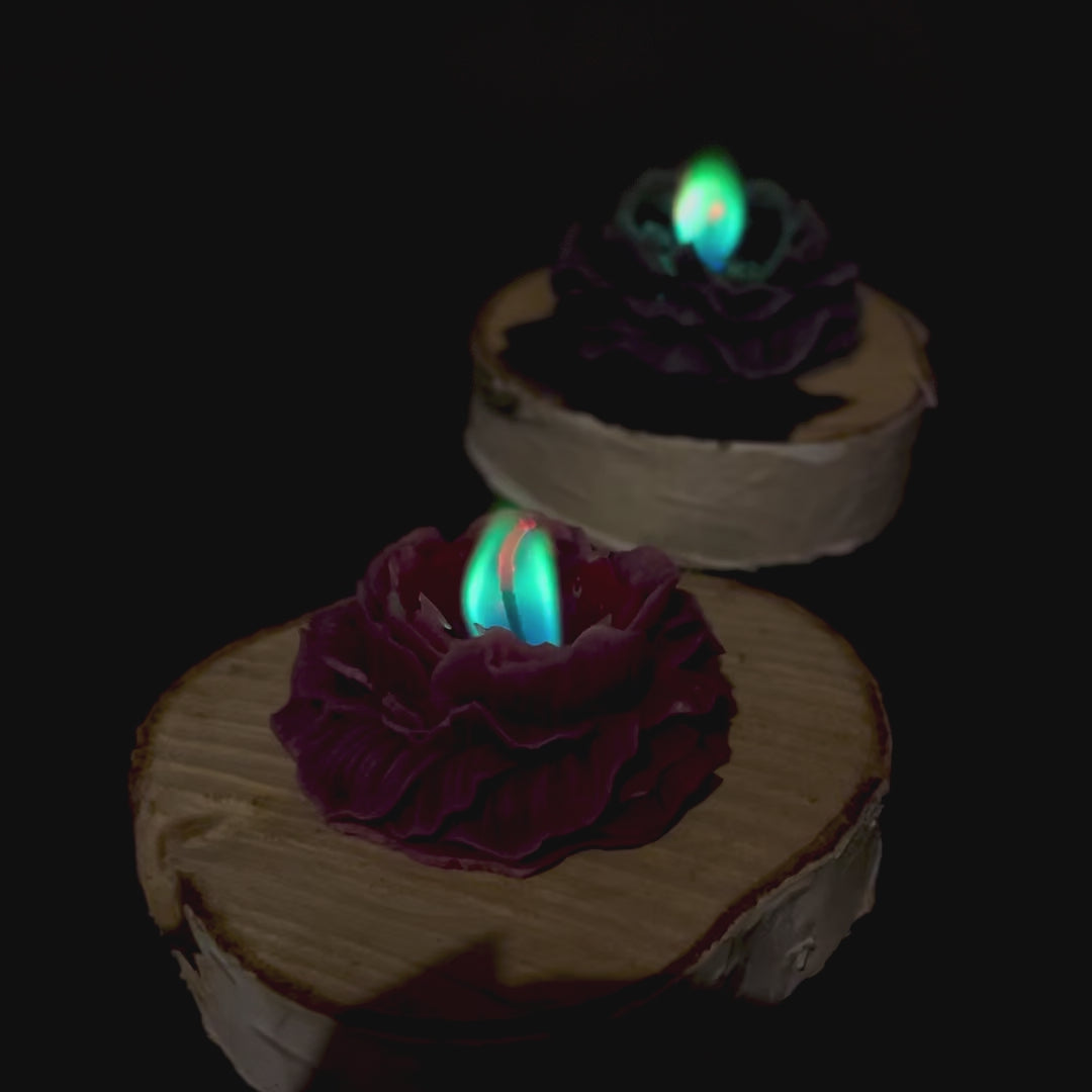 Film przedstawia rozane swiece w ksztalcie rozy z kolorowym plomieniem na drewnianych krazkach